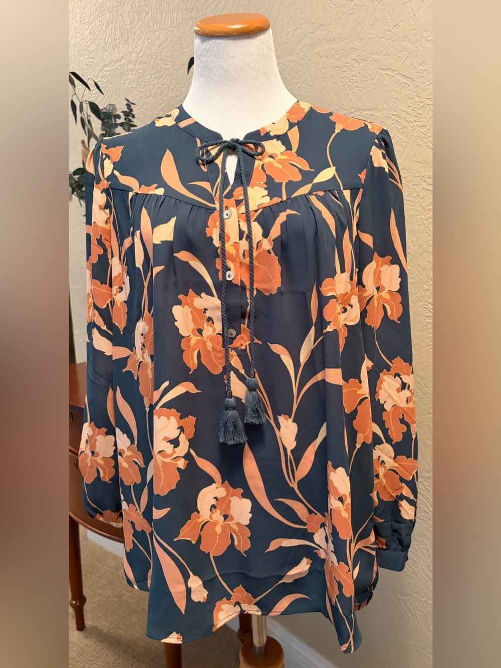 DR2 Navy Floral Tie-Neck Blouse with Orange Blooms